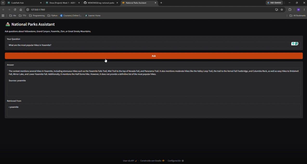 National Parks RAG Assistant screenshot